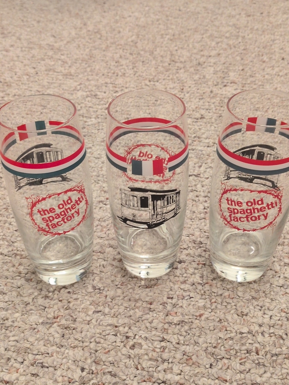 Old Spaghetti Factory Restaurant Italian Trolly 6.5” Soda Glass Set 3 Tumblers